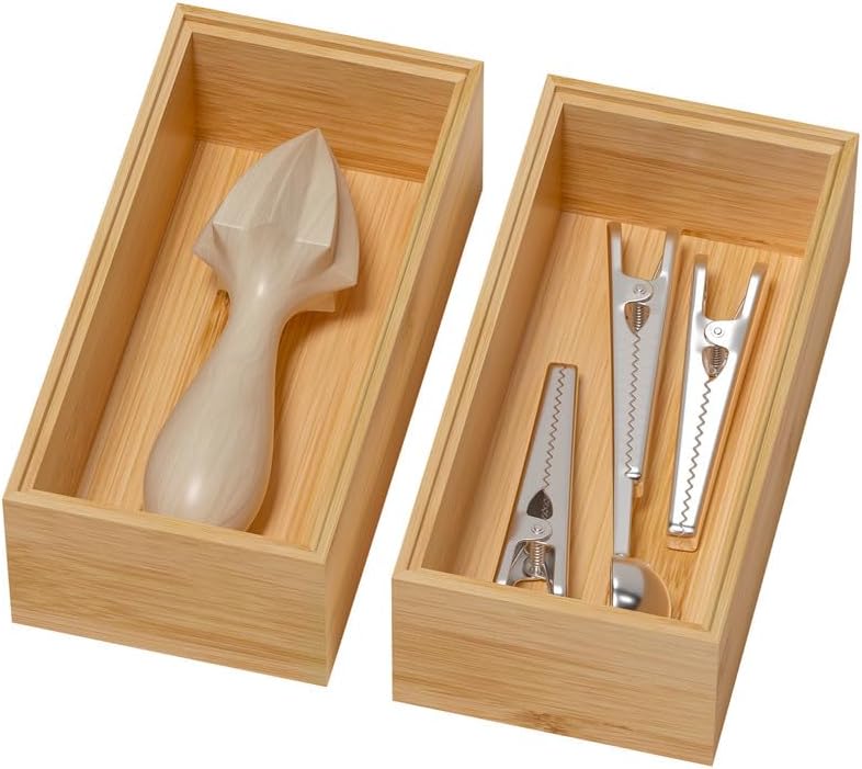 Lixple Bamboo Drawer Organizer, Small Silverware Organizer for Kitchen Drawer, Stackable Utensil Tray, 2 Pcs Flatware Organizer, Bamboo 6" x 3" x 2" (Outer), 5.3" x 2.3" x 1.77" (Inner) - Image 1
